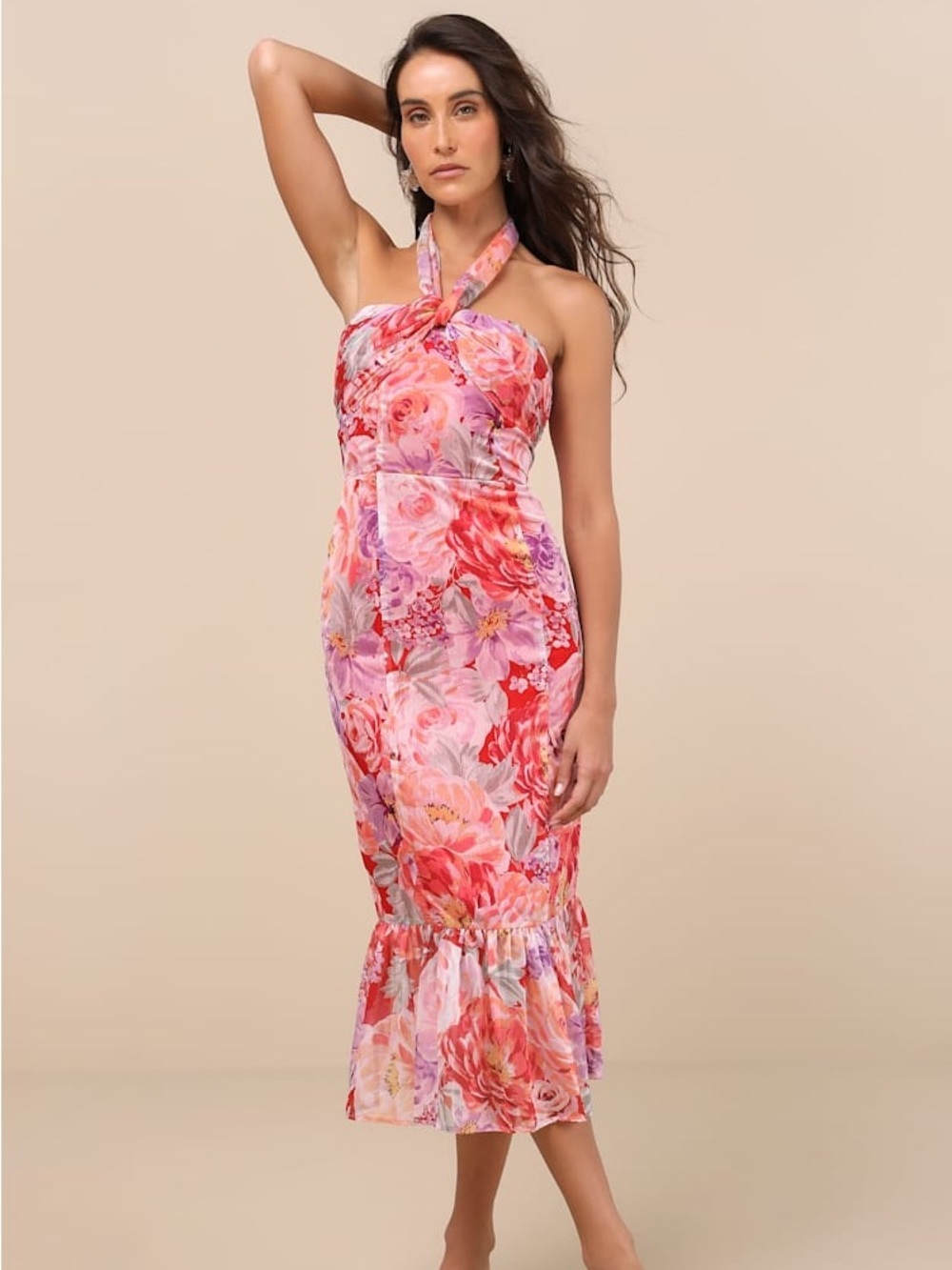 Lulus Spring Garden Party Romantic Bloomcore Halter Floral Midi Dress Size M